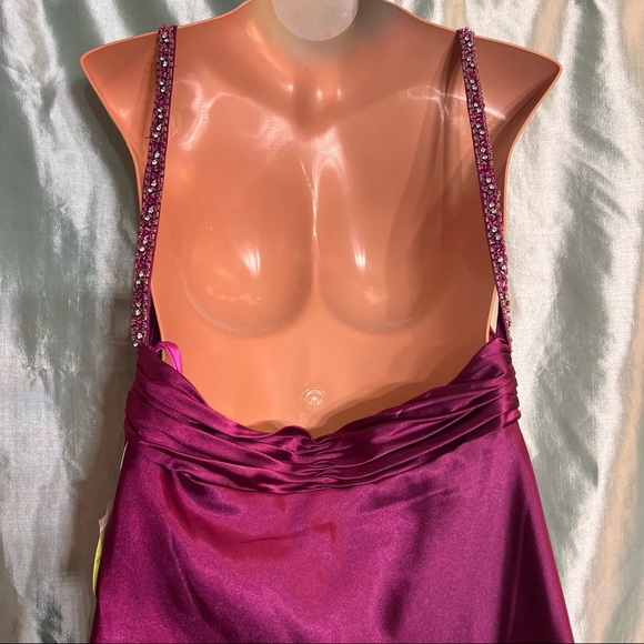 Elegant, hand beaded, satin, plunging, magenta formal ball gown with tags, 12 - Picture 3 of 11